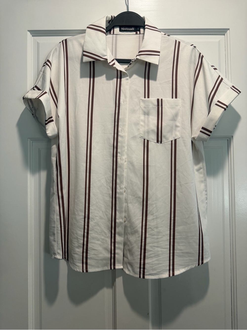 Womens Cream Button-Down Shirt with Brown Stripe